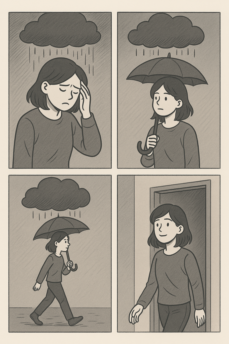 A comic-style illustration symbolizing sadness and melancholy, featuring a lone figure in a dimly lit room with rain outside the window, a shadowy forest with a solitary person walking, and a cloudy sky with a person sitting on a bench, all in muted, somber colors.