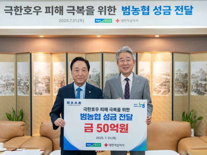 강호동 농협중앙회 회장(사진 오른쪽)이 김철수 대한적십자사 회장에게 성금을 전달하고 있다. (사진제공 대한적십자사)