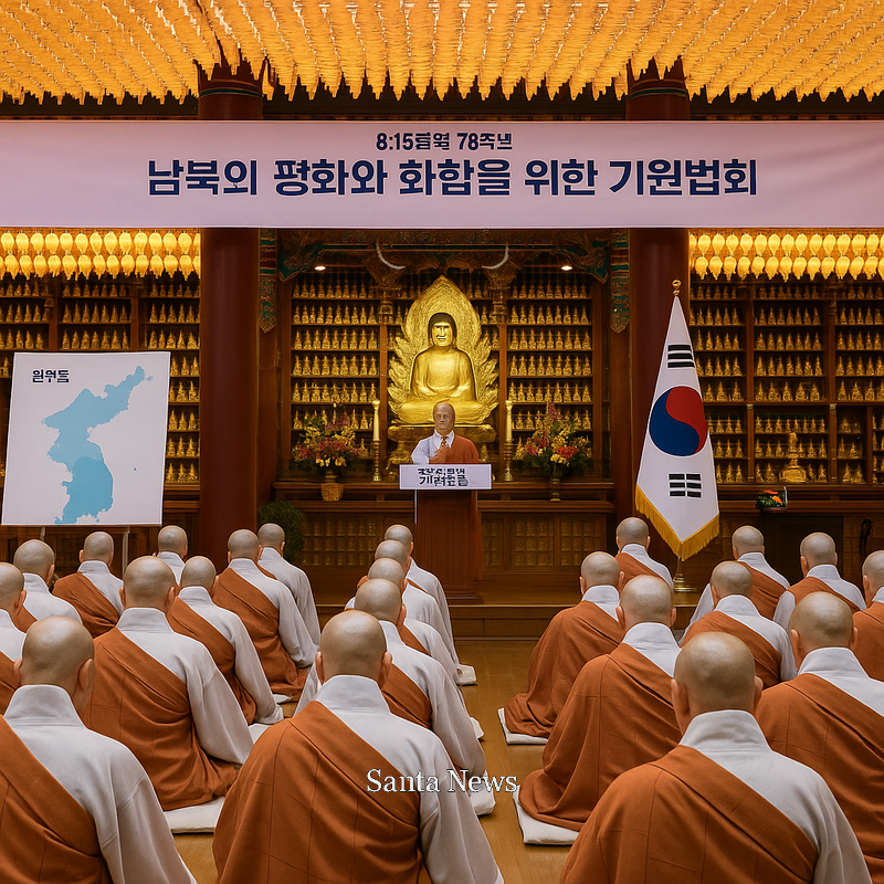대한불교조계종 총무원장 진우 스님이 14일 서울 강남구 봉은사 법왕루에서 열린 8·15 광복 80주년 기념 '남북의 평화와 화합을 위한 기원법회'에서 치사를 하고 있다. 사진  [AI 생성 유사 이미지]