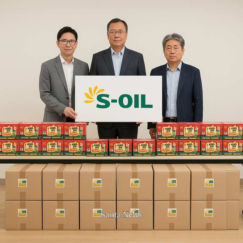 OIL 울산공장은 22일 장애인표준사업장 ‘브라보비버’에서 생산한 8,300만원 상당의 물품을 구매해 울산시사회복지협의회(회장 오세걸)에 기부했다. 왼쪽부터 김형주 울산사회복지협의회 사무처장, S-OIL 박성훈 상무, 이준호 온산읍장)[AI생성이미지]