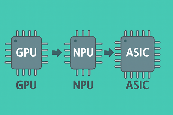 GPU에서 NPU로, 그리고 ASIC으로 진화하는 과정을 보여주는 기술 일러스트. GPU는 범용 그래픽 카드 형태, NPU는 신경망 전용 칩 형태, ASIC은 맞춤형 고성능 칩 형태로 점차 발전하는 모습을 단계적으로 표현. 미래지향적이고 깔끔한 인포그래픽 스타일.