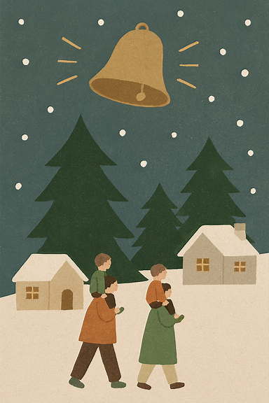 눈 내리는 겨울밤, 작은 산골 오막살이 집 위로 은은하게 울려 퍼지는 성탄 종소리. 아이들이 환하게 웃으며 하늘을 올려다보고, 교회 십자가와 종탑이 배경에 보이는 따뜻한 크리스마스 분위기 일러스트. 한글 텍스트 없이 그림만.