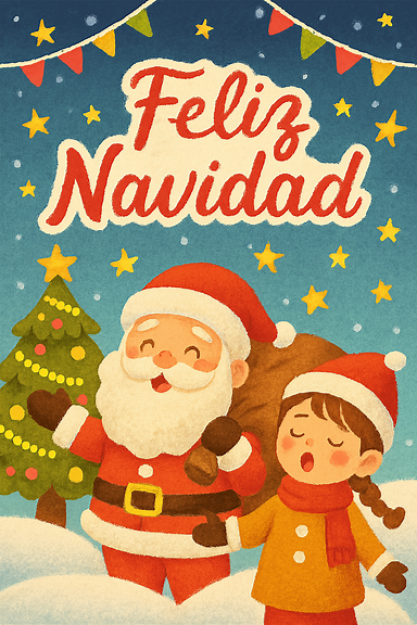 크리스마스 분위기의 일러스트, Feliz Navidad 캐럴곡 배경, 눈 내리는 마을, 밝은 전구 장식, 가족들이 함께 노래하는 장면