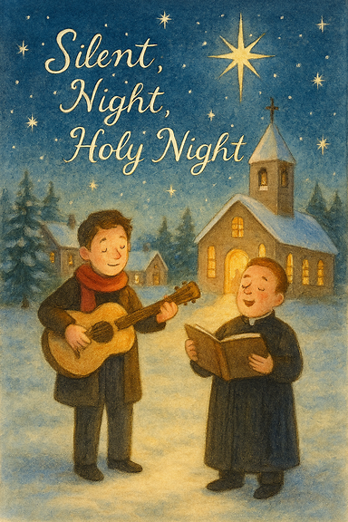 눈 덮인 오스트리아 작은 교회, 1818년 성탄절 밤. 젊은 신부와 음악가가 고장난 오르간 대신 기타로 '거룩한 밤, 고요한 밤'을 연주하며 마을 사람들과 함께 노래하는 장면. 따뜻한 촛불빛과 평화로운 분위기 속에서 기적처럼 태어난 캐럴의 순간을 담은 일러스트. 이미지에 텍스트는 포함하지 않음.