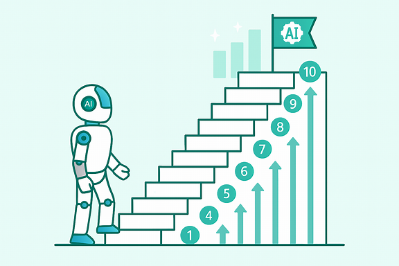 Futuristic illustration of South Korea AI roadmap: skyscrapers with digital circuits, robots in factories, doctors using AI holograms, autonomous cars on smart roads, and a glowing globe showing global competition. Text labels in English only.