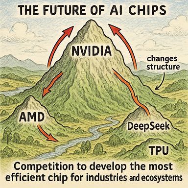 AI 칩 전쟁을 산맥으로 비유한 그림: 거대한 산은 엔비디아, 그 틈새를 노리는 AMD, 산의 구조를 바꾸는 DeepSeek, 산 뒤편에서 지형을 형성하는 숨겨진 힘 TPU. 미래는 GPU 판매 경쟁이 아닌 산업과 생태계를 바꾸는 칩 경쟁으로 표현된 풍경.