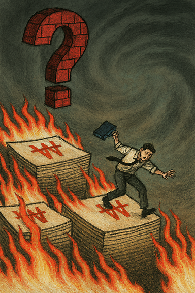 한국 사회의 불안정한 자산 구조를 표현한 그림: 빚으로 쌓아올린 불안한 탑, 흔들리는 경제, 서민들의 불안한 표정, 세계적 충격의 파도에 위태롭게 맞서는 모습