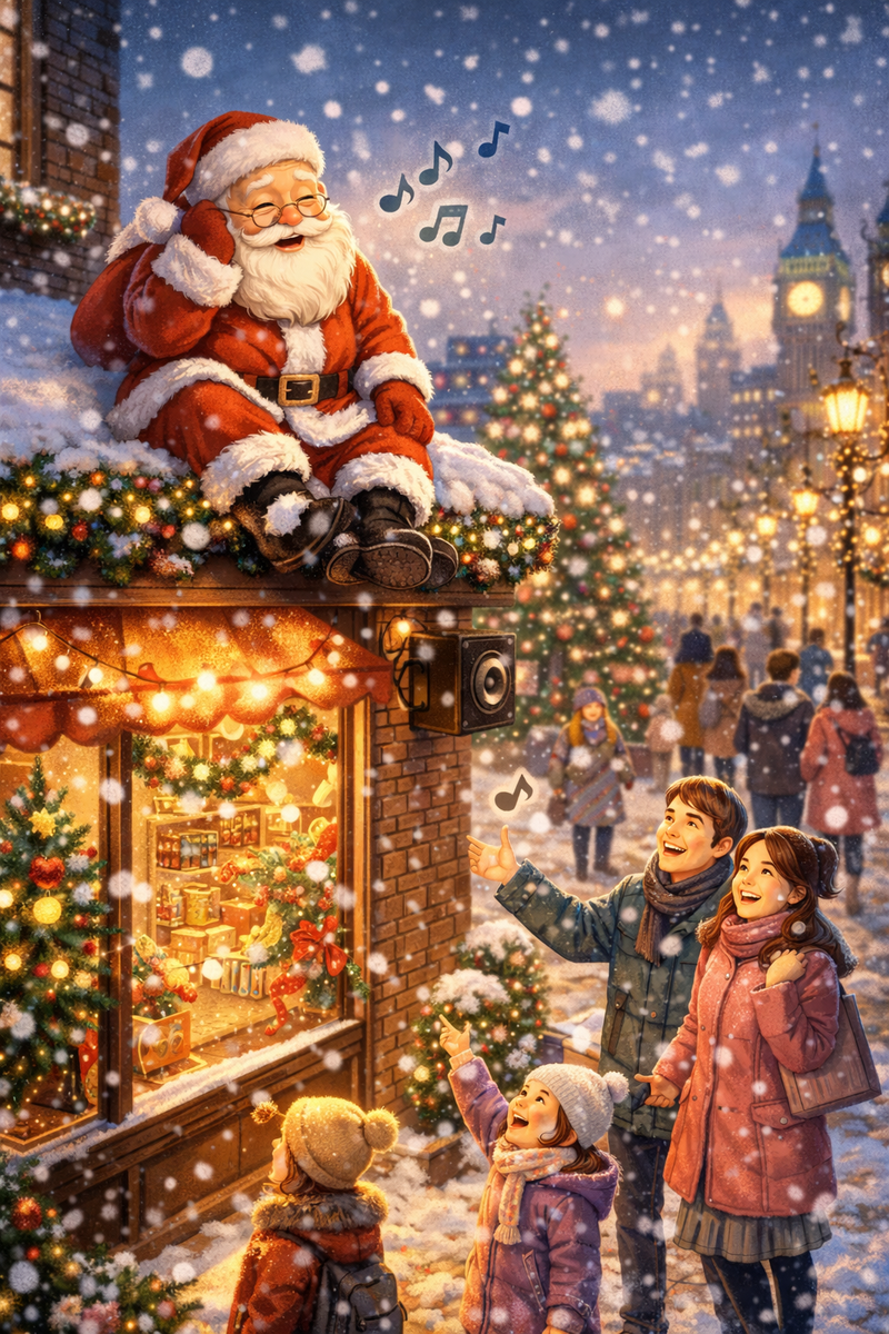 상점 지붕 위에 앉아 캐럴을 듣고 있는 산타.[AI생성 이미지]