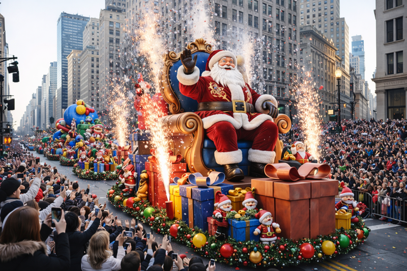 왕좌에 앉은 산타가 퍼레이드의 마지막을 장식하며 크리스마스 시즌의 도래를 알리고 있다.[AI생성 이미지]