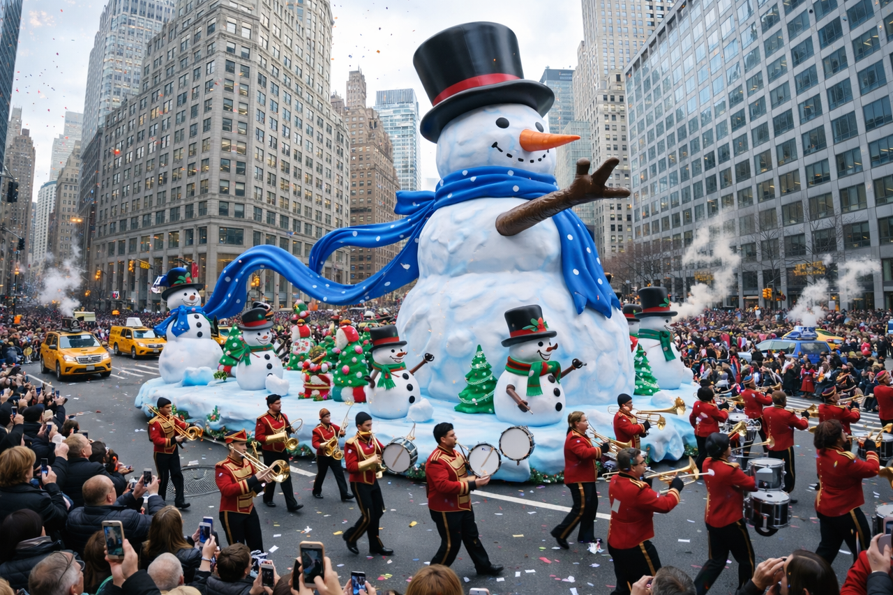 대형 눈사람 플로트와 마칭밴드가 뉴욕 도심을 가로지르며 연말 축제의 시작을 알리고 있다.