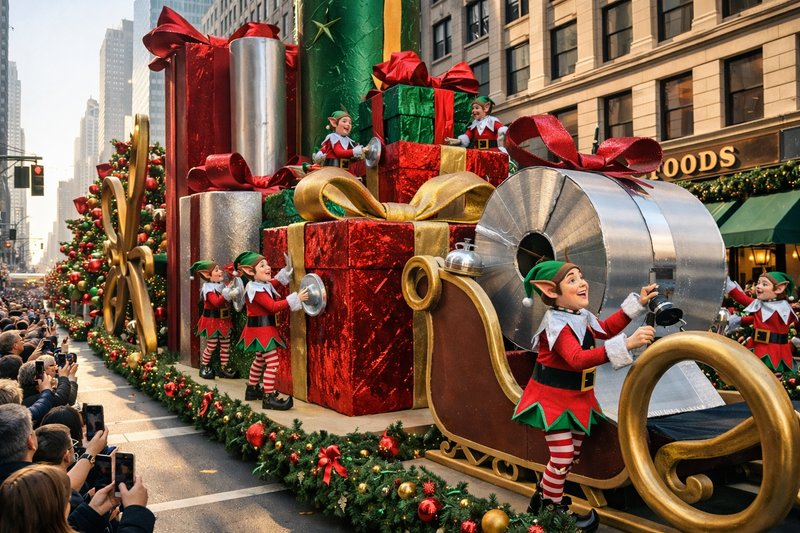 엘프 캐릭터와 거대한 선물 상자가 연말 쇼핑 시즌의 상징적 장면을 연출하고 있다.