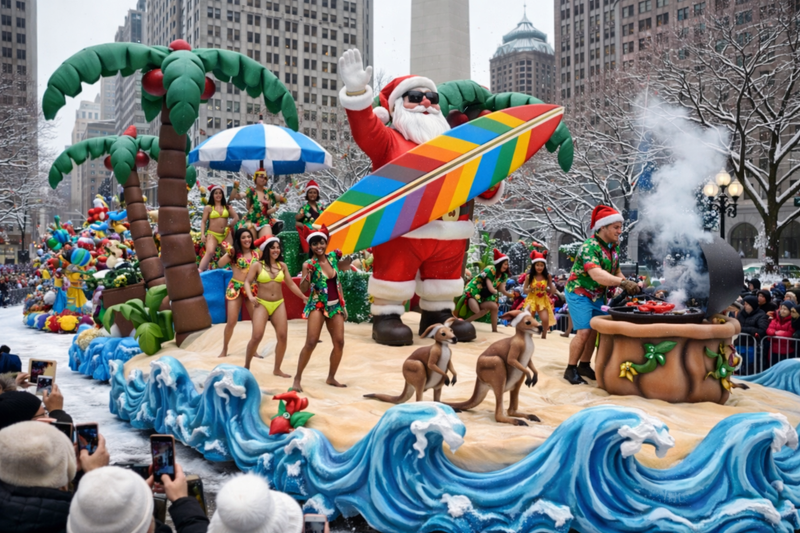 서핑보드를 든 산타 플로트는 크리스마스 문화가 지역과 상상을 넘어 확장됐음을 보여준다.