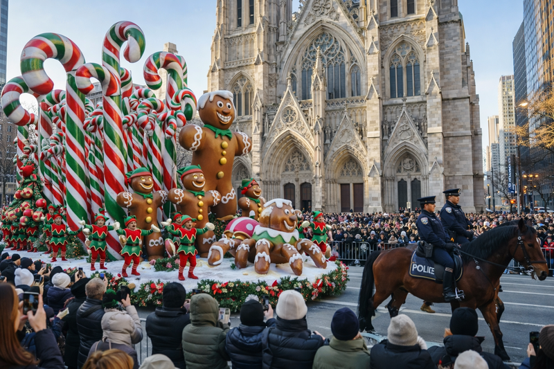 진저브레드 인형과 캔디케인 장식으로 꾸며진 플로트가 크리스마스의 동화적 이미지를 구현했다.