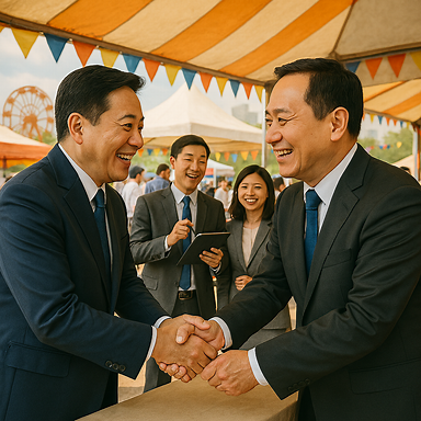 실제 박람회 현장처럼 보이는 리얼한 조명과 인물 묘사. 대기업과 중소기업 대표가 행사 부스 앞에서 악수하며 협력하는 장면. 배경에는 다양한 기업 부스와 현수막, 관람객들이 제품을 체험하고 청년 창업가들이 아이디어를 설명하는 모습이 생생하게 표현됨. 햇살이 따뜻하게 비추고, 인물들의 표정은 자연스럽고 활기차며 조명은 현실적인 색감으로 묘사됨.