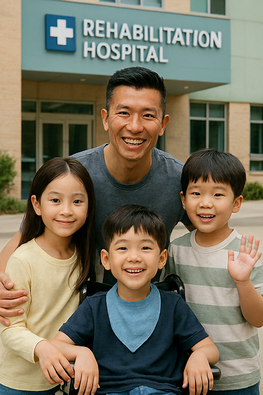 A symbolic illustration of a large modern children's rehabilitation hospital being built, with workers and volunteers helping, and a warm atmosphere showing community support.