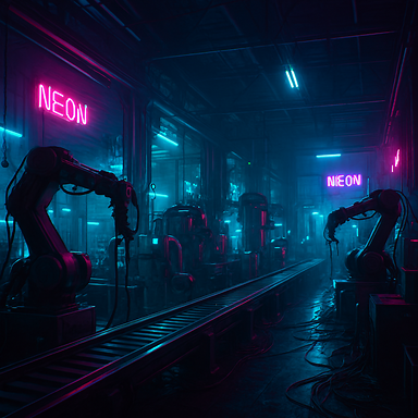 cyberpunk style dark factory interior illuminated by neon lights, futuristic industrial atmosphere