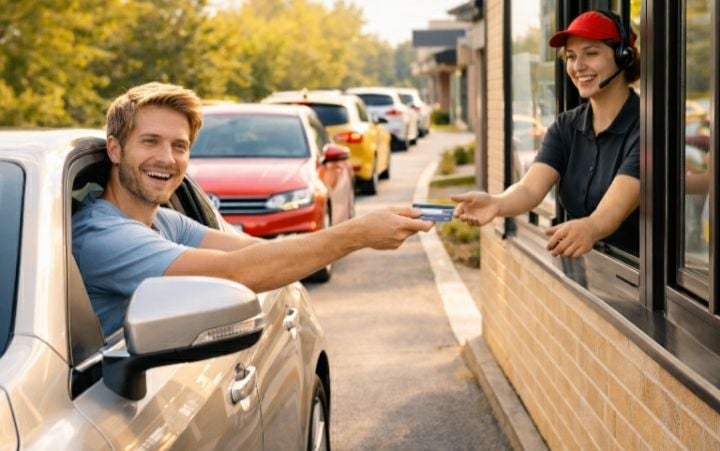 맥도날드 드라이브스루에서 뒷차의 주문을 계산하는 손님. [AI생성이미지]