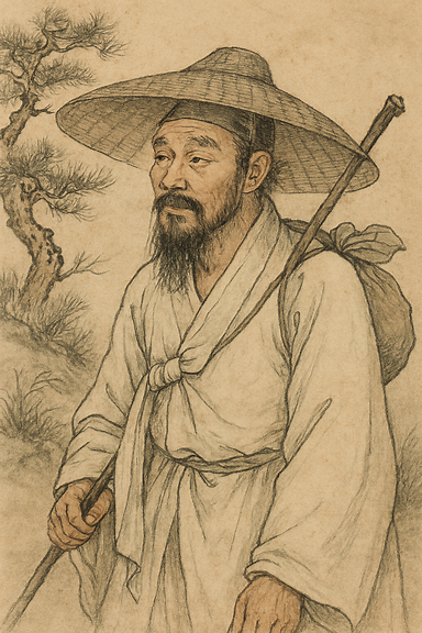 조선 시대 방랑 시인 김삿갓이 삿갓을 쓰고 산길을 걷는 모습, 전통 한복 차림, 배경은 한국의 산과 소나무