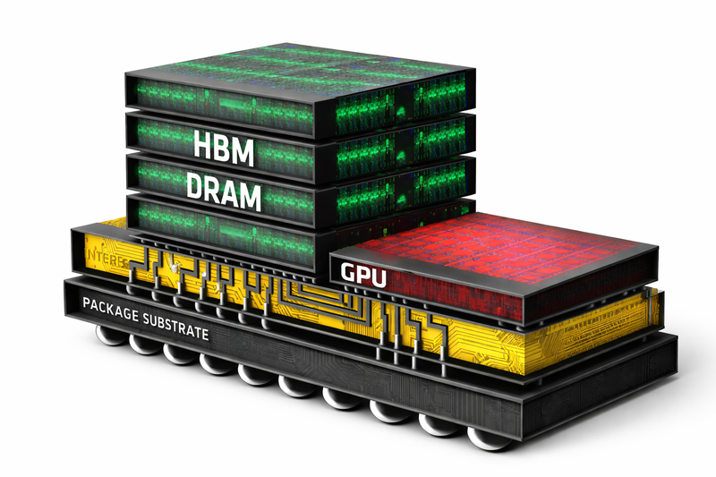 HBM과 GPU가 인터포저 위에서 결합되는 구조를 개념적으로 표현한 이미지 AI 반도체에서 고대역폭 메모리(HBM)가 GPU 옆에 배치되어 초고속 데이터 처리가 이루어지는 방식을 단순화해 보여준다.