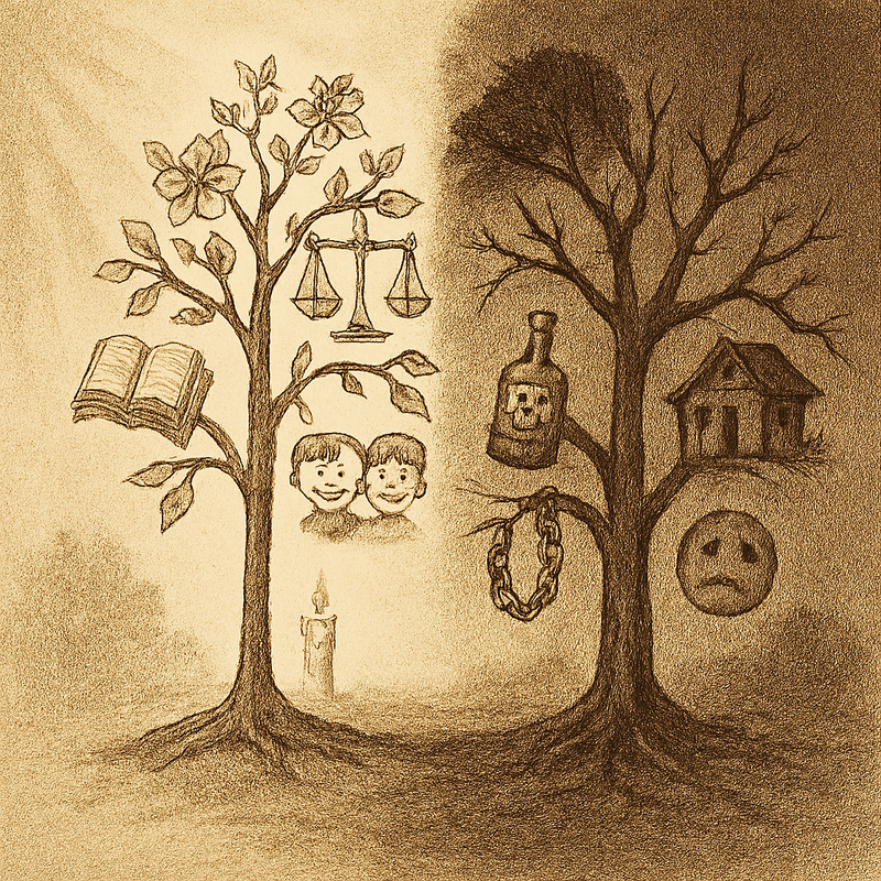 두 가문 이야기를 상징적으로 표현한 그림. 한쪽은 밝은 햇살 아래에서 자라나는 나무, 가지마다 책, 촛불, 정의의 저울, 웃는 아이들이 열매처럼 맺혀 있는 모습. 다른 한쪽은 어두운 그림자 속에서 자라난 나무, 가지마다 술병, 쇠사슬, 무너진 집, 슬픈 얼굴들이 열매처럼 매달린 모습. 두 나무가 같은 땅에서 뻗어 있지만, 서로 다른 선택과 영향으로 전혀 다른 풍경을 이루는 장면.