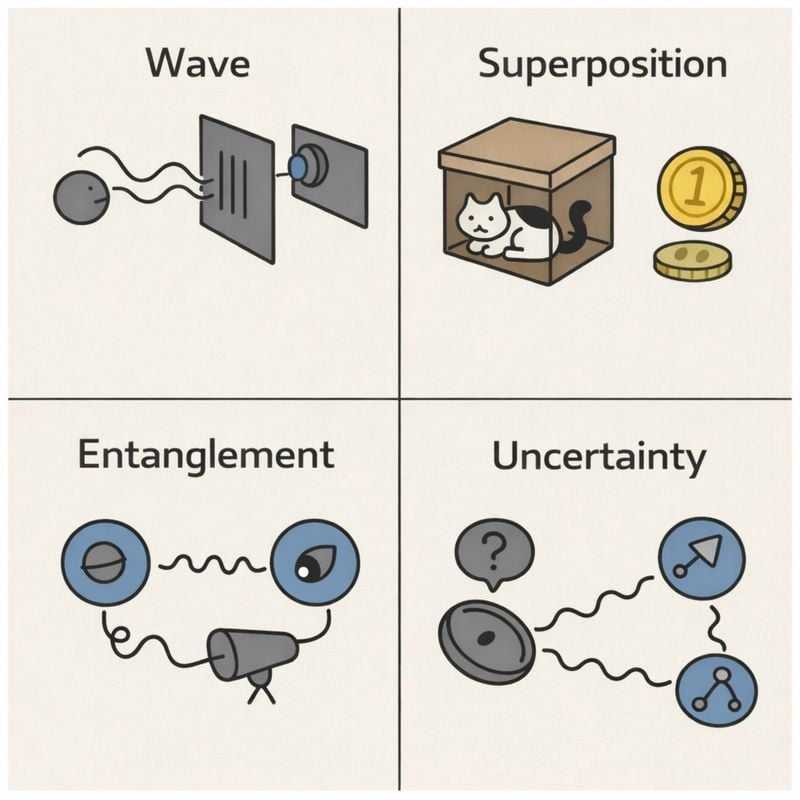 [AI생성 이미지] 왼쪽 위:①파동-입자 이중성,    오른쪽 위:②양자 중첩,  왼쪽 아래:③양자 얽힘,  아래:④불확정성 원리 