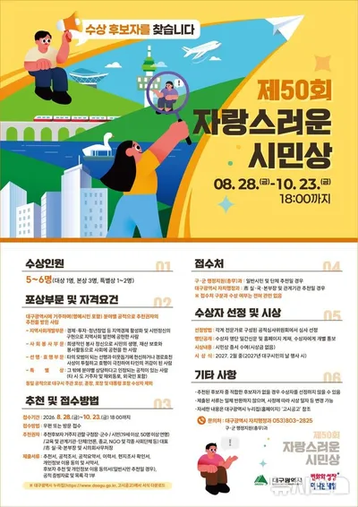 “대구를 빛낸 평범한 이웃을 찾습니다”…50번째 ‘자랑스러운 시민’ 찾는 대구시
